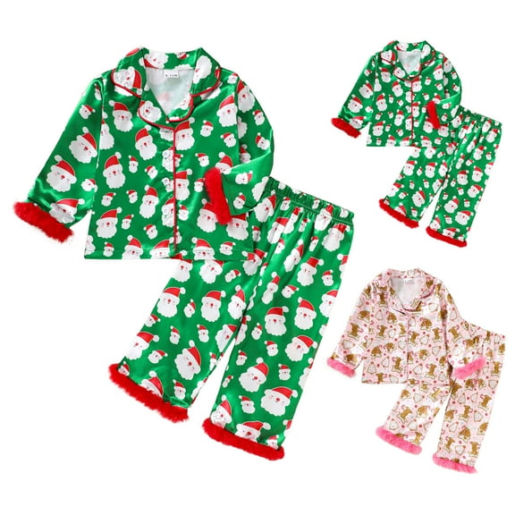 Mepaouo Toddler Satin Pajamas Fuzzy Trim Long Sleeve Sleepwear Button Down Shirt Top Pants Pjs Sets Green 6-12 Months