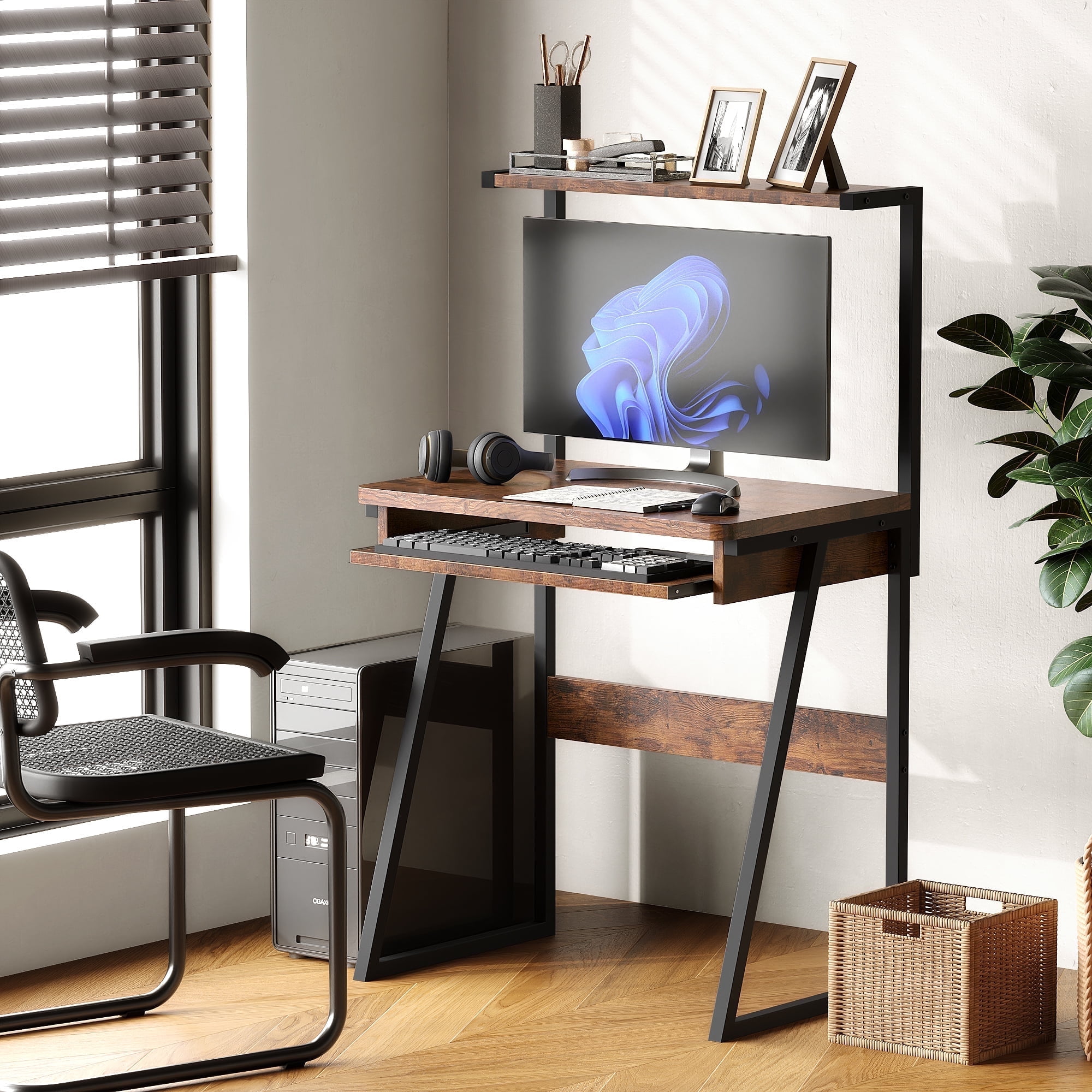 MIN EN WIN 2 Tiers Small Computer Desk for Small Space, Compact Laptop Table Workstation with Keyboard Tray, Study PC Table for Home Office, Brown