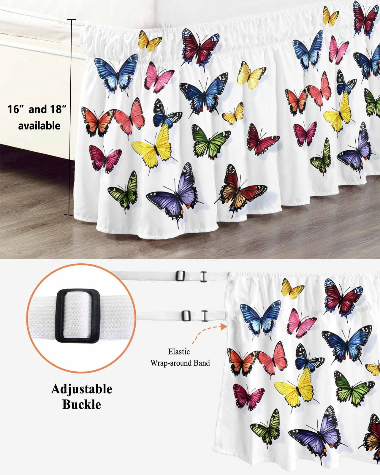Butterfly Print Wrap Around Bed Skirts for Queen Bed 18" Drop, Bed Skirt with Adjustable Elastic Belt Dust Ruffle Bed Valance for Bedroom Hotel Luxury Modern Colorful Animals Bed Frame Cover
