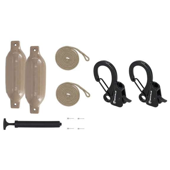 Rockville FEN245-SAND Bundle: 2 4.5 x 16 in Boat Fenders, 2 Fender Lines, Hand Pump, 2 Inflation Needles, RQA-2 Quick Release Fender Clips, 9-Items