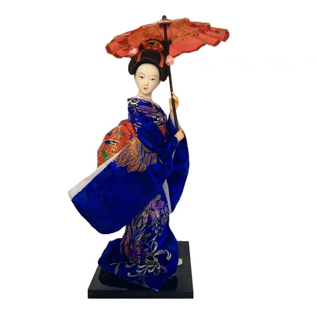muñecas geisha japonesas étnicas, estatuilla de dama oriental, muñeca geisha asiática de estilo vintage para decoración de mesa, Estilo A de 25 cm con kimono azul bordado y detalles pintados a mano, parasol rojo, base plana negra, resina, espuma y tela, adecuada para colección o exhibir en escritorio.