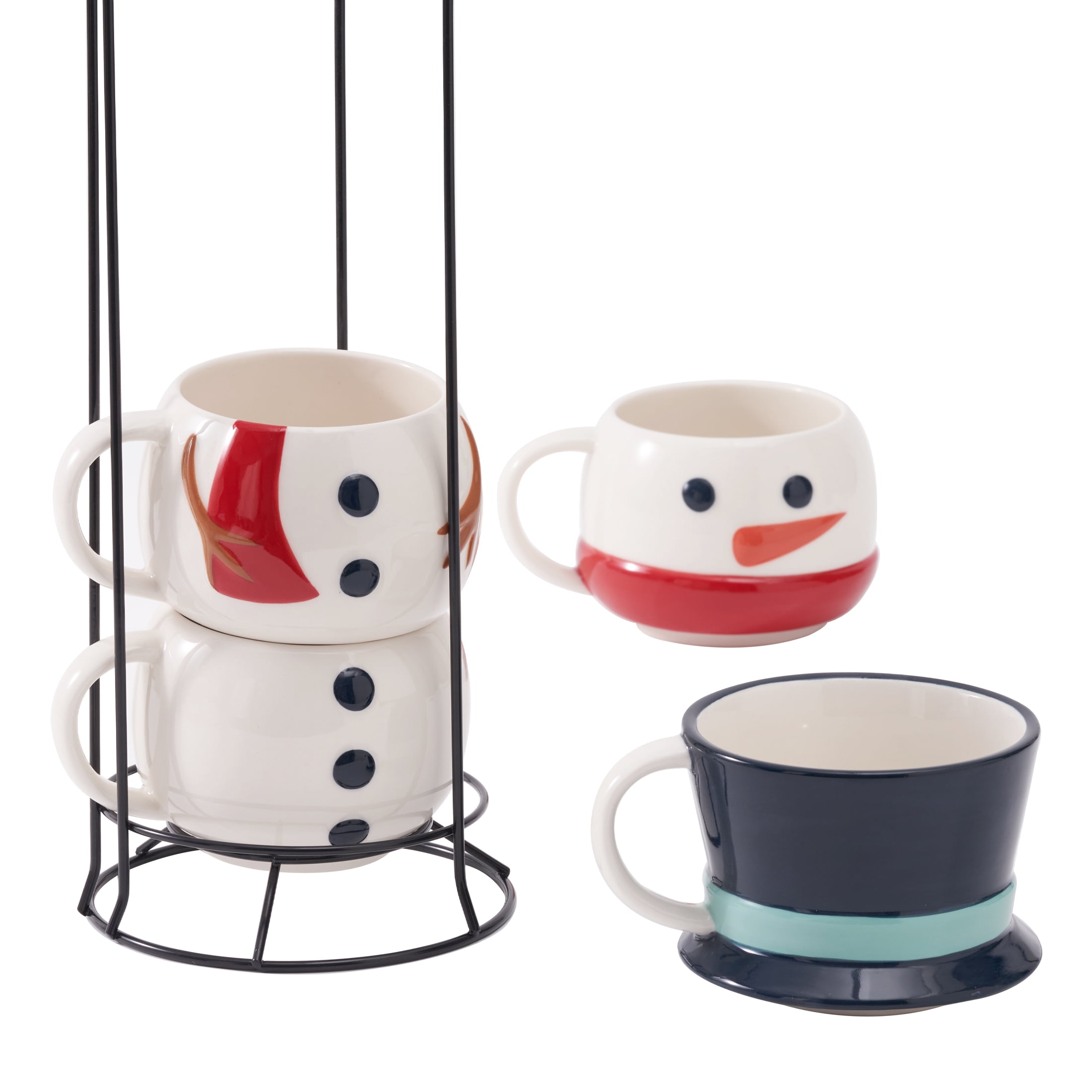 Snowman Stacking Ceramic Mug Set with Rack 12 OZ 5-Piece Holiday Time