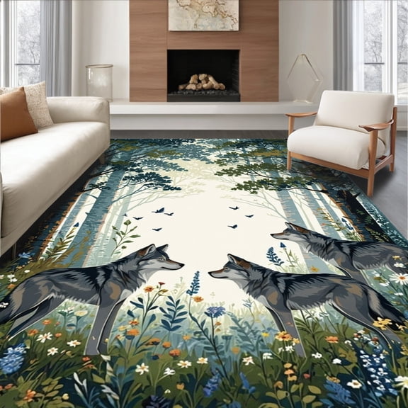 Flatwoven High Traffic Area Rug, Woodland Wolf Area Rug Wildflower and Canine Art Carpet, Non Slip, Stain Resistant, Washable Area Rugs for Living Room, Bedroom(Gray, 4X6)