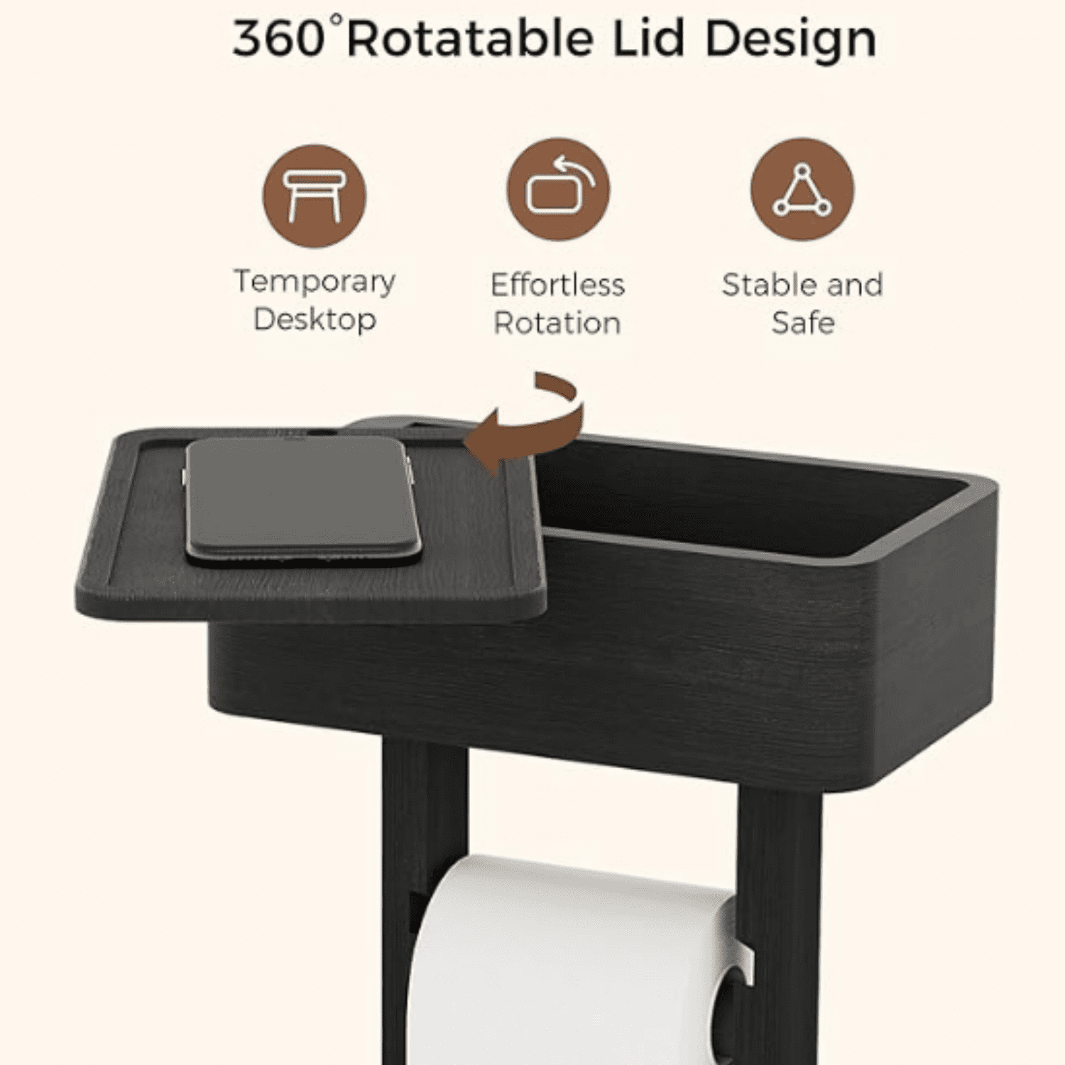 4-in-1 Black Toilet Paper Holder Stand with Storage Shelf Box, 360° Rotating Bamboo Free Standing Toilet Tissue Roll, Toilet Wipes Dispenser Organizer, Temporary Desktop for Bathroom (Patent)