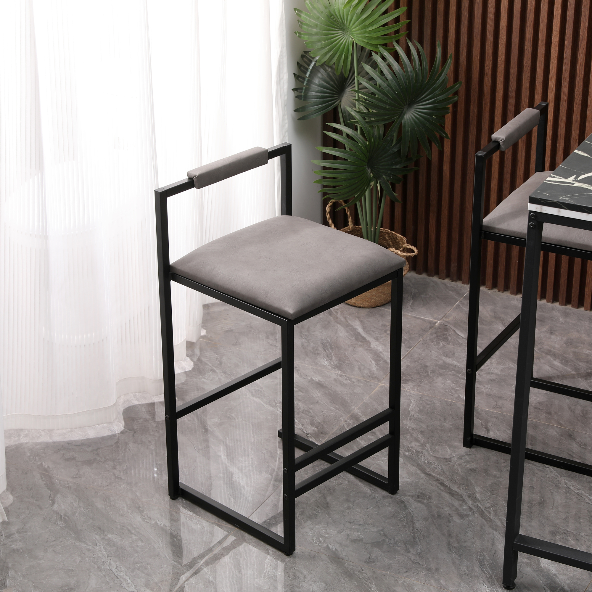 Leumius Bar Stools Set of 2,Faux Leather Upholstered Counter Height Bar Stools,Kitchen Island Stools with Back and Metal Legs,Gray