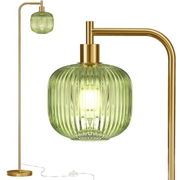 Lámpara de pie QiMH con pantalla acanalada de cristal, 170 cm, oro cepillado