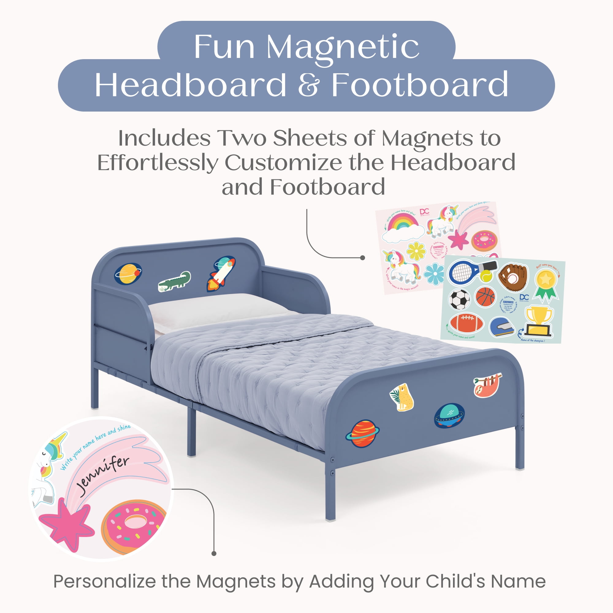 Delta Children Magic Magnet Toddler Bed with Customizable Magnets & Built-In Book Storage, Denim Blue