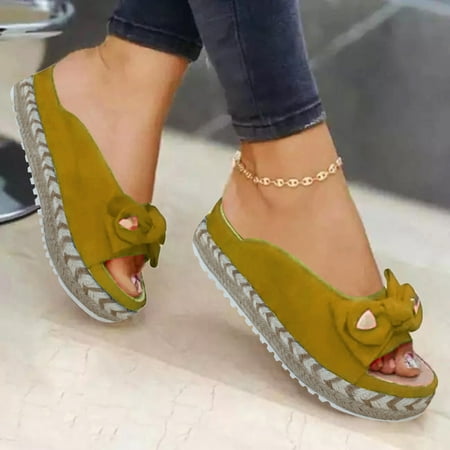 

〖Yilirongyumm〗 Yellow 42 Sandals Women Summer Slip-On Bow Toe Open Women s Beach Shoes Weave Flat Sandals Breathable Women s Sandals