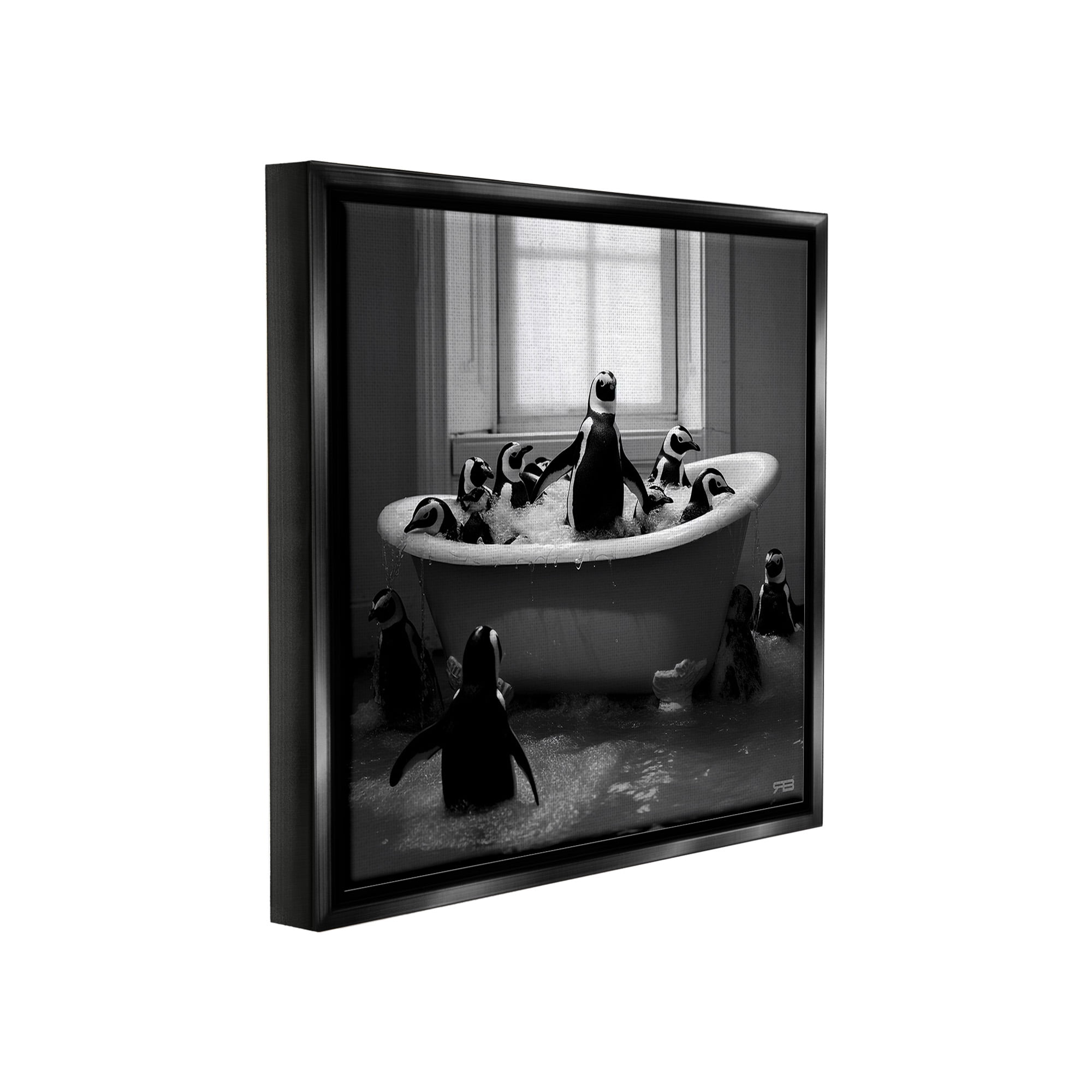 Stupell Industries Penguin Flock in Tub Animals & Insects Painting Black Floater Framed Canvas Art Print Wall Art, 25 x 25