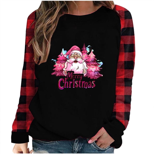 Liquidation Staron T-Shirts de Noël à Manches Longues pour Femmes Père Noël Joyeux Noël T-Shirt Col Rond Hauts T-Shirts Graphiques de Baseball Hauts Coupe Ample Rayé Raglan T-Shirts à Manches Longues Rouge TG