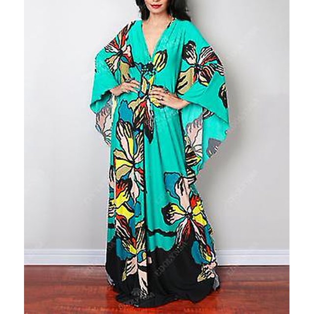 2022 Maxi vestido estampado túnica de manga de murciélago primavera oto?o vestido de playa Casual de talla grande mujeres ropa de playa Kaftan Cover-ups Q LingWen 8390612389320