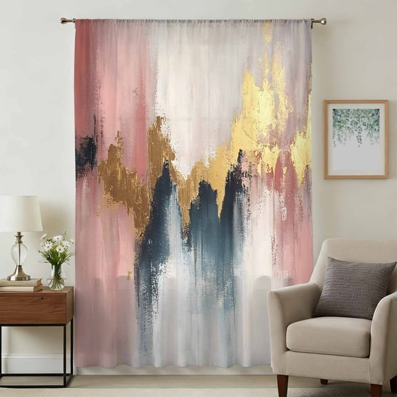 Modern Pink Gold Sheer Curtains 84 Inches Long, Abstract Gradient Brush Strokes Artwork Light Filering Curtains, Breathable Simi Curtain Privacy Drapes for Living Room Lightweight Window Treatment