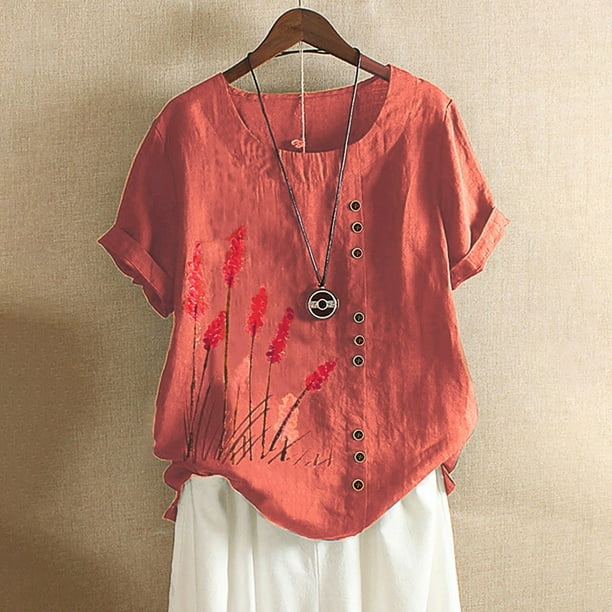Fiudx Ofertas Flash Del Día Solo En Línea Camisa Holgada con Estampado de Flores de Manga Corta Informal de Verano para Mujer Tops con Cuello Redondo
