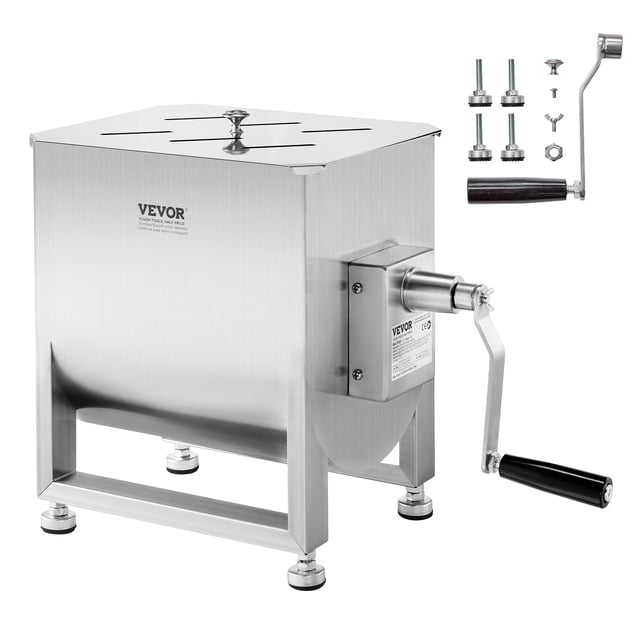 VEVOR Manual Meat Mixer 60L Fixed Tank Mixing Max 60LB for Meat Sausage Mixer Machine. Constructed from SUS201 stainless steel, it features a 60-pound capacity tank for mixing meat, sauces, and seasonings. Includes a manual crank handle, adjustable rubber feet for stability, and detachable paddles for easy cleaning. Comes with foot pads, a handle, and a wing nut for assembly.