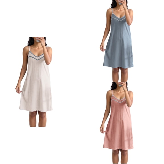 Antinious Women Solid Satin Ribbed Knit Spaghetti Straps Summer Mid Calf Sleepdress