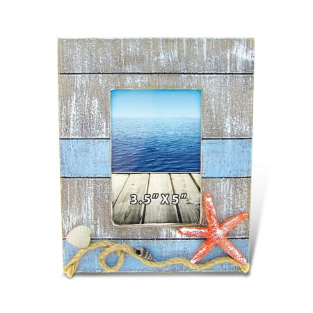 Starfish Photo Puzzled Pacific Distressed Wooden Picture Frame with Starfish Seashells & Rope, 3.5 X 5 Inch Rustic Photo Holder Intricate Wood Art Handcrafted Tabletop Accessory Nautical Themed Home Accent D?cor ()