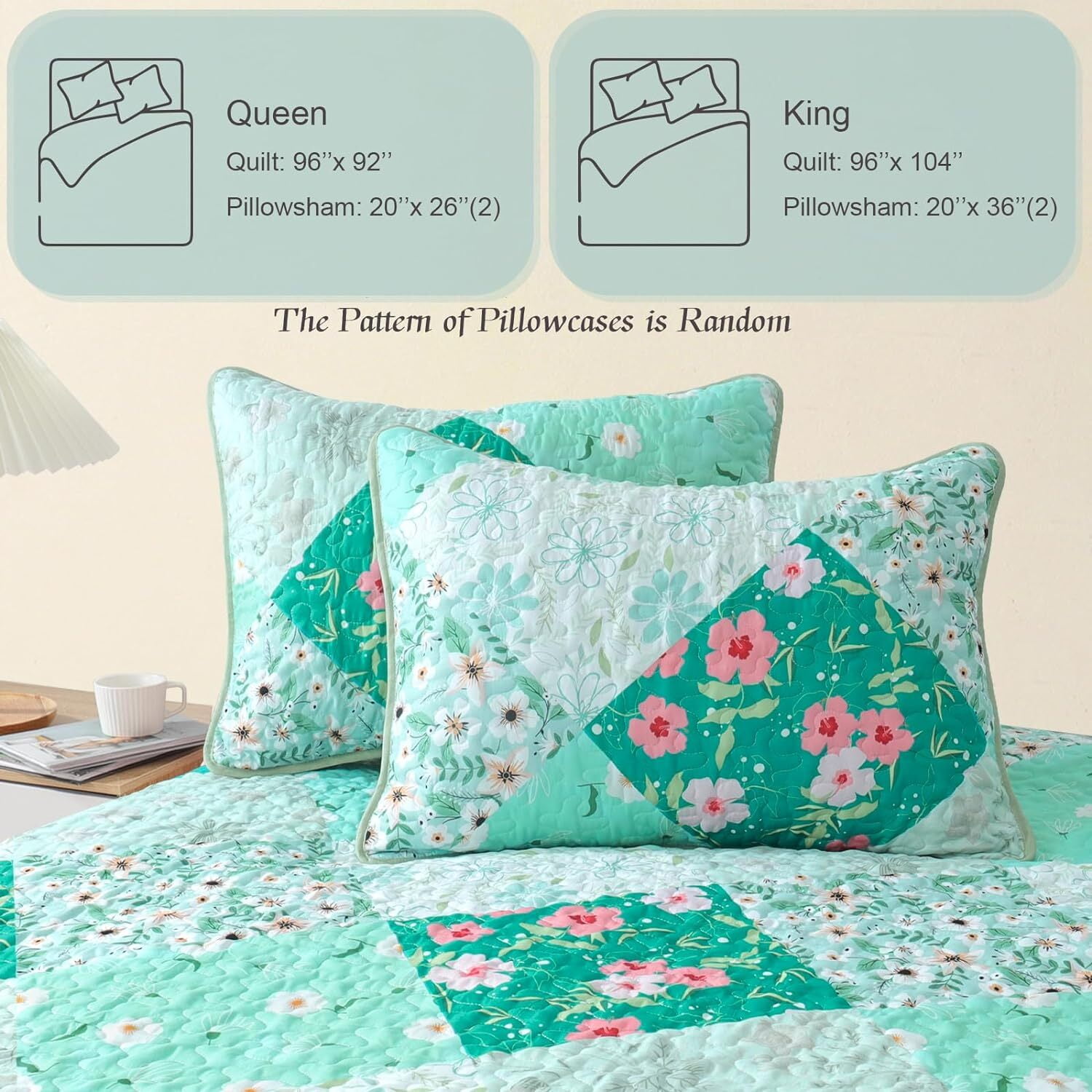 Whale Flotilla Reversible Patchwork Quilt Set King Size, Lightweight Boho Printed Bedspreads Coverlets Quilts Bedding Set with 2 Pillow Shams for All Seasons, Light Green