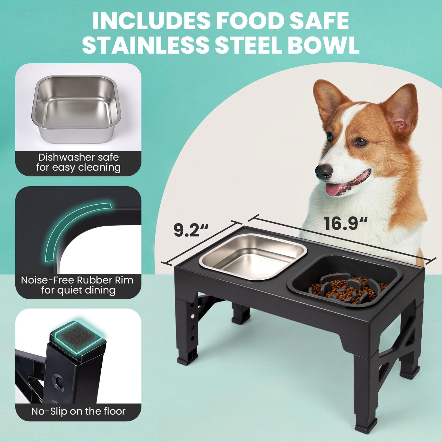 Elevated Dog Bowls, 5 Adjustable Heights Raised Dog Bowl Stand, with 2 Stainless Steel Dog Food Bowls and 1 Slow Feeder Dog Bowl