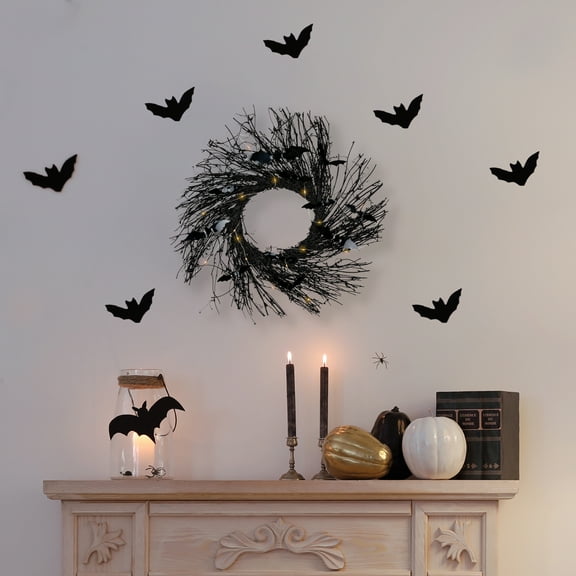 Northlight Lighted Halloween Twig Wreath with Bats - Warm White LED Lights - 22" - Black