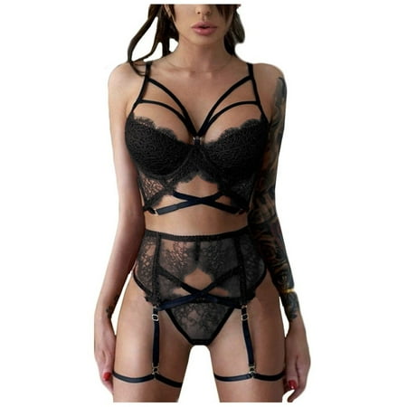 

DNDKILG Women s Strappy Bra and Panty Set with Garter Lace Lingerie Set Sexy Babydoll 3 Piece 3XL
