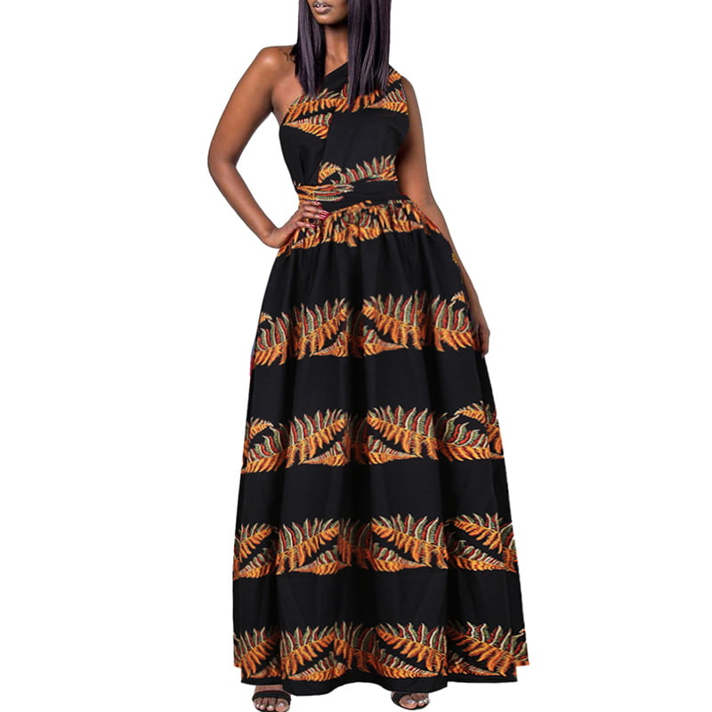 Women African Print Dress Traditional Hippie Dashiki Party Dress Black and Smart 