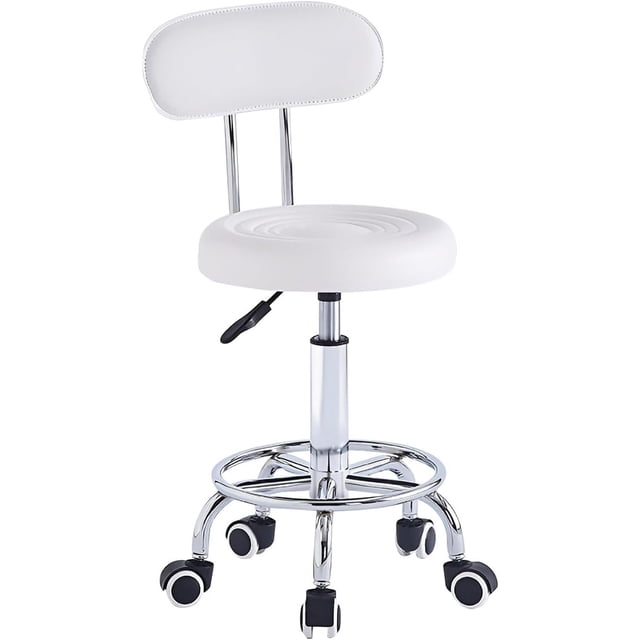 Taburete Giratorio con Respaldo Alto, Taburete Redondo Rodante Moderno de Cuero PU Altura Ajustable Silla Banco de Trabajo con Ruedas Silenciosa para Salón SPA Masaje Oficina Estudio Bar