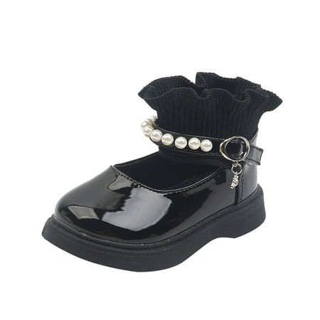 

Honeeladyy Toddler Kid Shoes Toddler Shoes Baby Girls Knitted Elastic Mouth Fashion Pearl Non-slip Small Leather Shoes Princess Shoes Black Sales Online