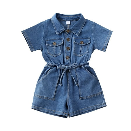 

Nokpsedcb Toddler Girls Denim Rompers Infant Summer Short Sleeve Shirt Collar Elastic Waist Pocket Button Jumpsuit Blue 2-3 Years