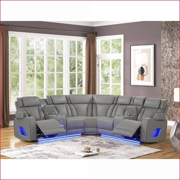 Power Recliner Sectional, Modern Gray Faux Leather with Massage, Bluetooth, LED & Wireless Charging | Gray | Faux Leather