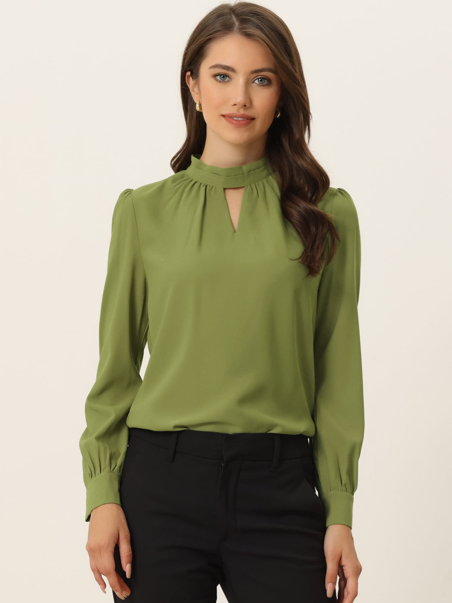 DARING DIVA Women's Stand Collar Long Sleeve Office Blouse M Avocado Green