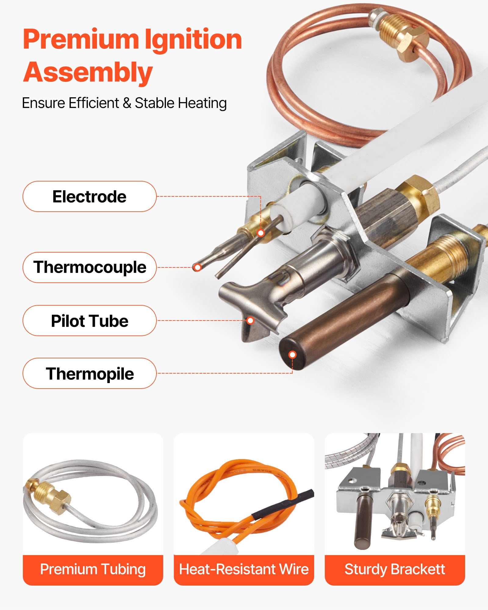 VEVOR Gas Pilot Assembly, OE 4021-732, 25660 Fireplace Gas Pilot Assembly, Natural Gas Ignition Replacement with Pilot Tube, Thermocouple, Thermopile, Wires, Compatible with Heatilator Models