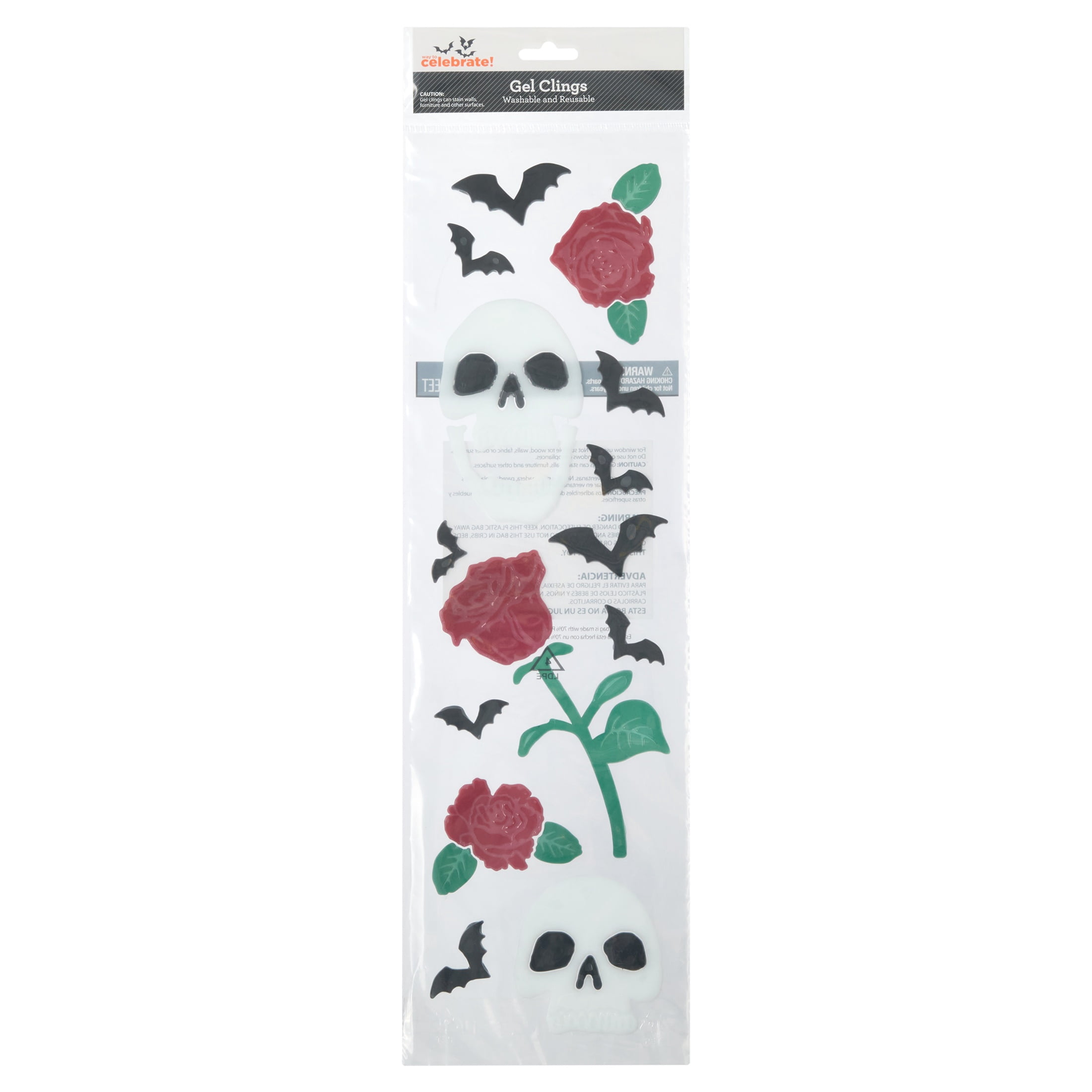 Skulls and Roses Gel Clings, Multicolor, 5.5" x 21", Halloween by Way To Celebrate