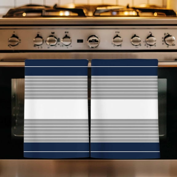 Navy Blue Grey Stripe Kitchen Towels Set of 2, Modern Art Horizontal Striped Absorbent Dish Towels for Kitchen, Microfiber Hand Towel, Quick Drying Tea Towel for Cleaning Decorative Dishcloths