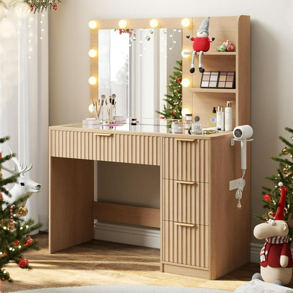 36" Makeup Vanity Desk with Mirror & LED Lights, Fluted Vanity Table with 4 Drawers, Tempered Glass Top & Charging Station, Modern Dressing Table for Bedroom, Dorm, Women & Girls, Natural Oak