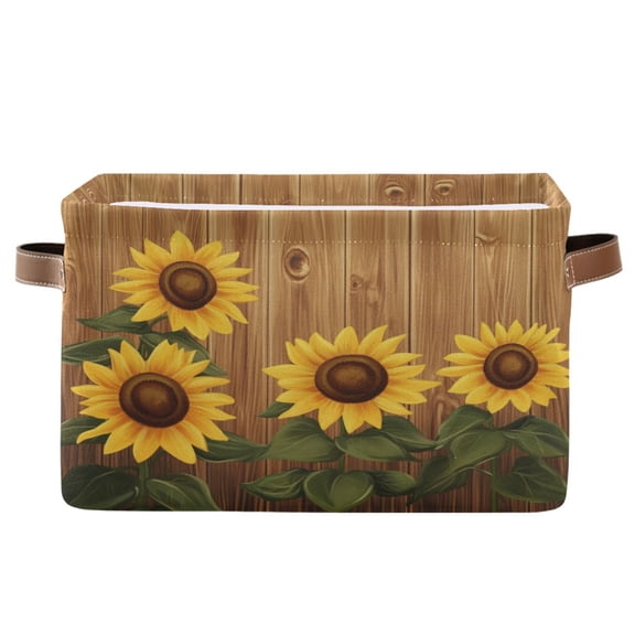 Wooden Background with Sunflowers Foldable Storage Basket,Canvas Fabric Foldable Storage Bins with Handles Open Home Storage Bins Boxes for Toy Book Shelf Closet Baskets
