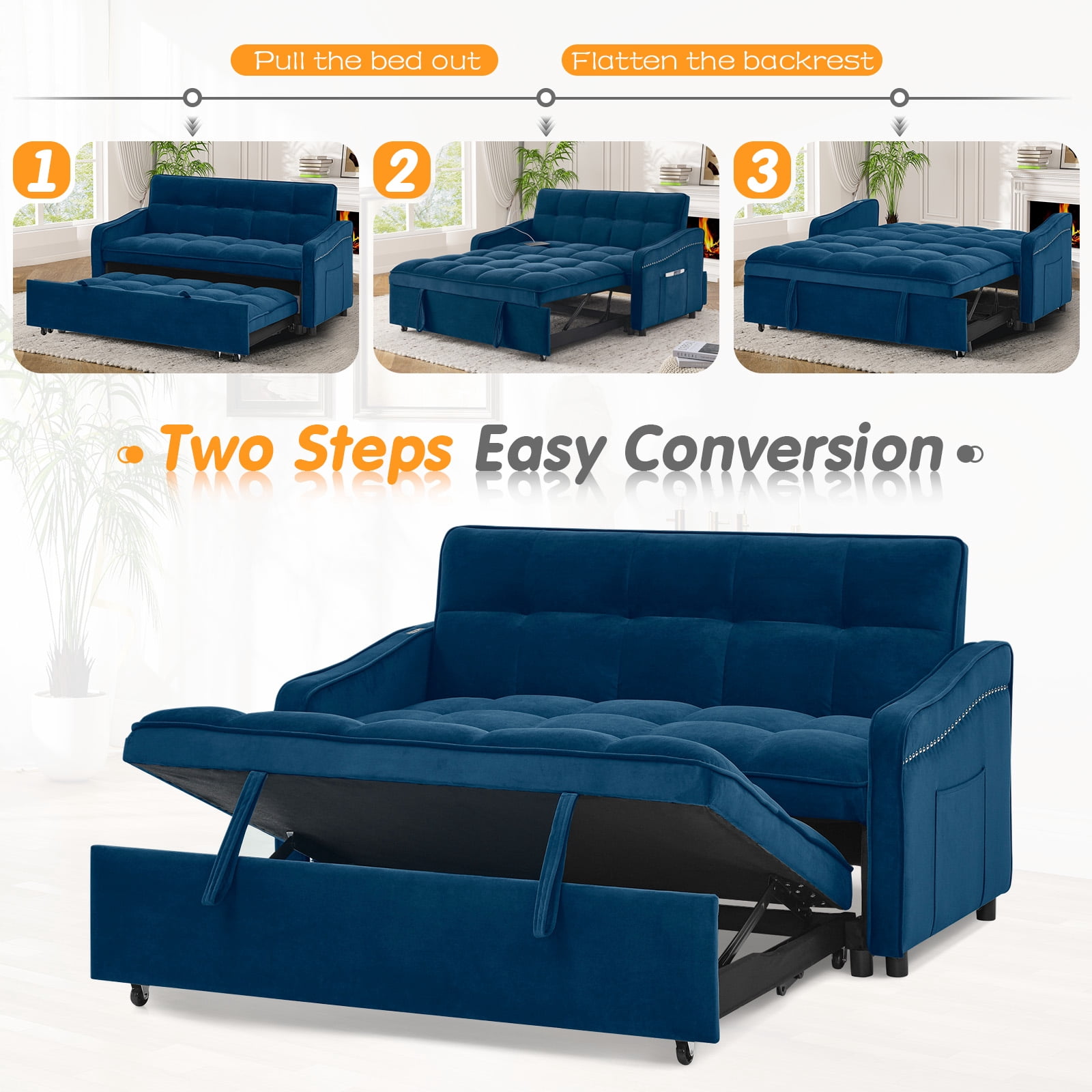 Lunale Loveseat Sleeper with USB/Type-C, Convertible Sleeper Sofa Bed for Living Room/Apt, Blue Velvet