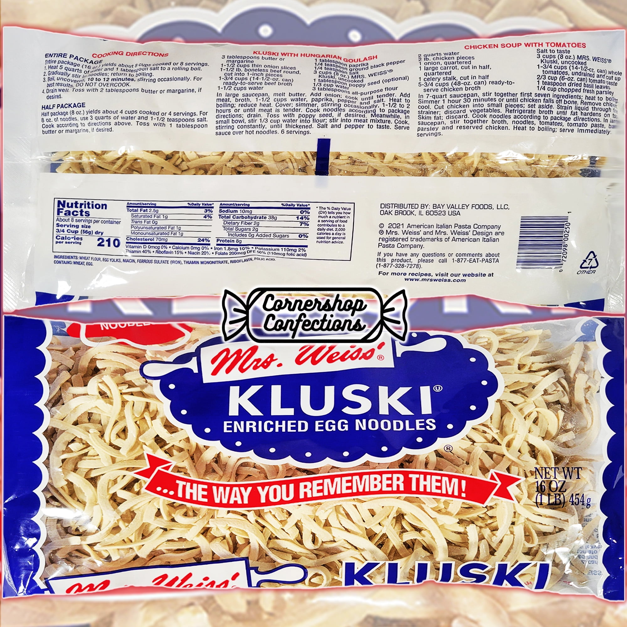 Mrs. Weiss' Kluski Enriched Egg Noodles Bundle Pack - 2 Individually Sealed 16 Ounce Bags - Egg Dumpling Noodles - For Soups, Casseroles, Stews, Ramen and Much More in Cornershop Confections Pack