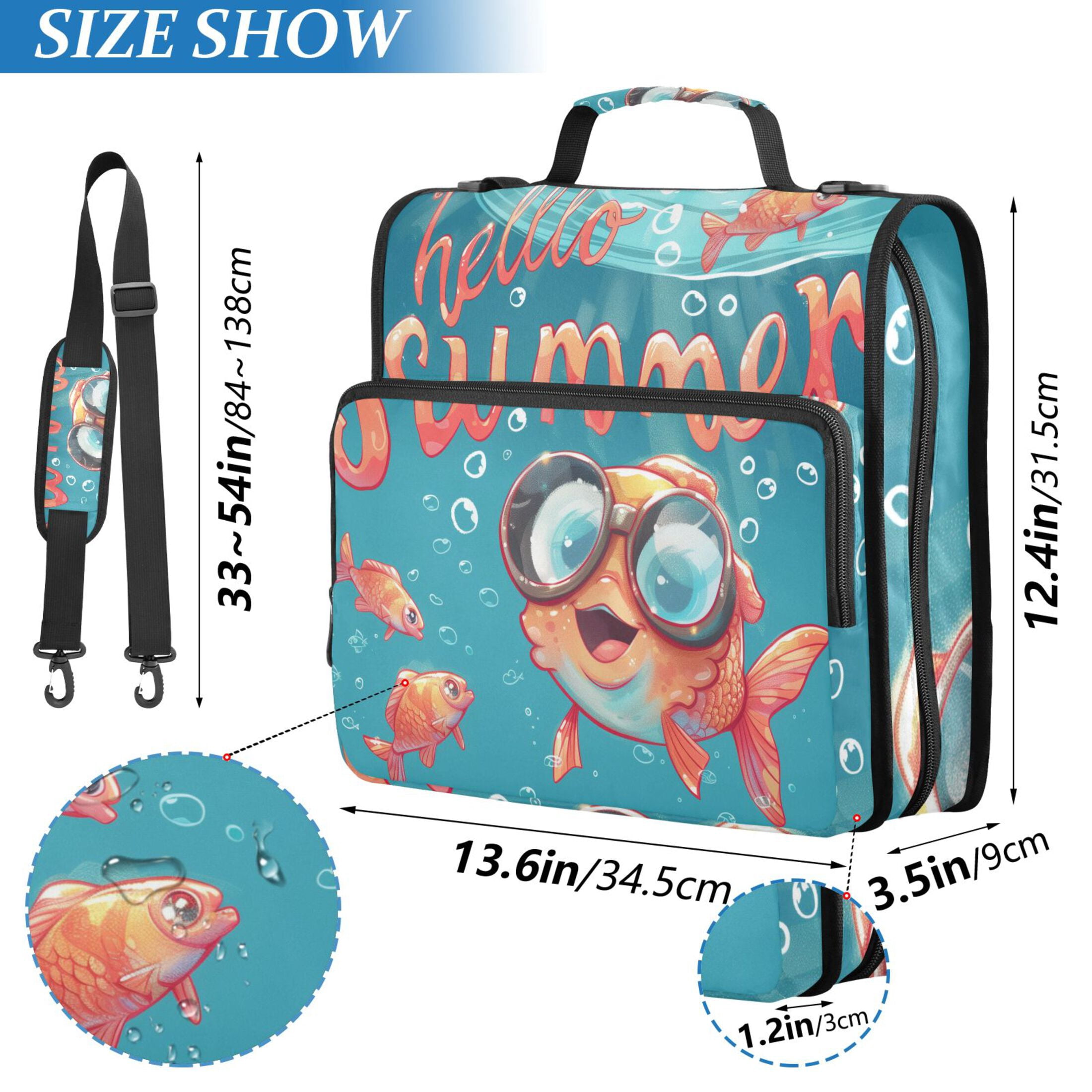 3 Ring Zipper Binder with Shoulder Strap Waterproof Trapper Keeper 2 Inch D-Ring 500 Sheets Capacity Hello Summer Fish