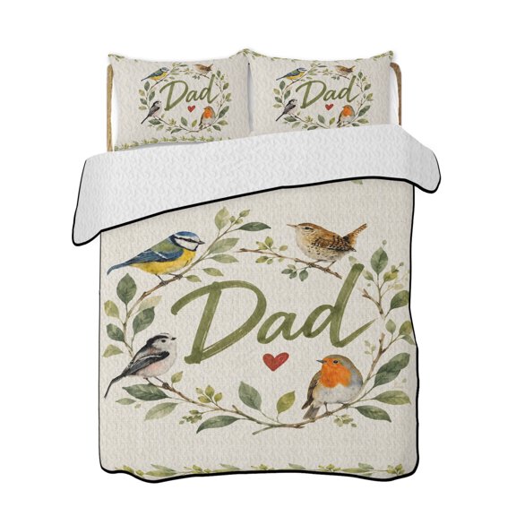 Quilt King Size Bedding Set, Happy Father's Day Reversible Summer Quilt 3 Pieces, Summer Botanical Leaves Birds Lightweight Bedspreads Coverlets with 2 Pillow Shams for All Seasons