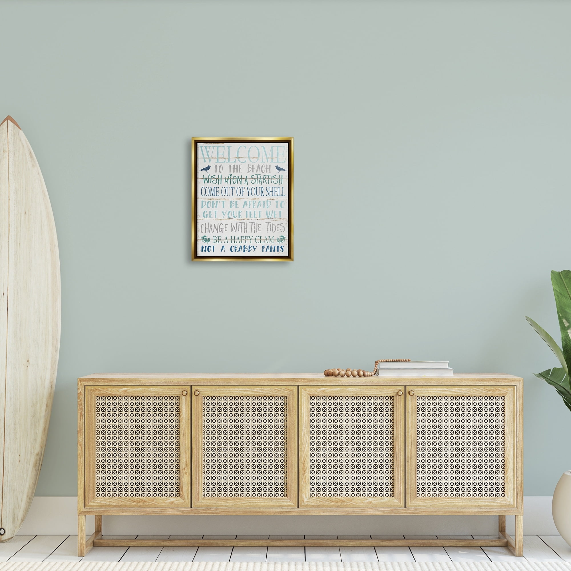 Stupell Industries Welcome to the Beach Blue Aqua and White Planked Look Sign Metallic Gold Framed Floating Canvas Wall Art, 16x20, by Jennifer Pugh