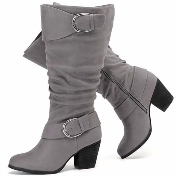 Love Steetly Women's Extra Wide Calf Knee High Boots, Soft Faux Suede, Two Large Round Buckle Straps, Slouchy Ruched Shaft Textured Stacked Heel Boots.