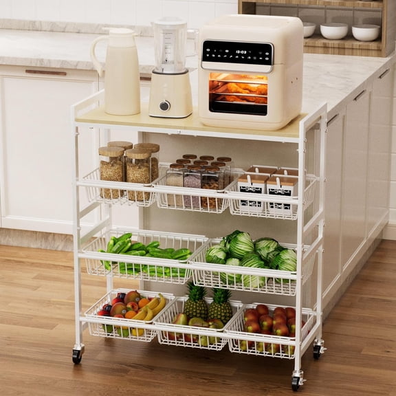 4-Tier Utility Kitchen Cart with Wood Top, 29" W Kitchen Storage Cart with 8 Baskets & Handle, Metal Snack Cart with Wheels, Adjustable Pantry Organizer and Storage Cart for Fruit, Vegetables
