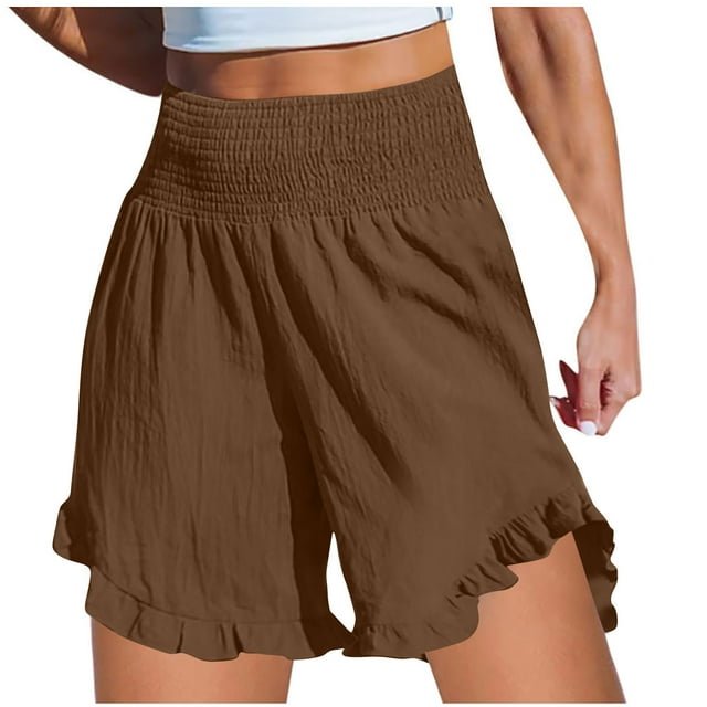 LOVZFMLL Women's Solid Color Casual Ruffled High Waisted Elastic Waist Shorts Brown L