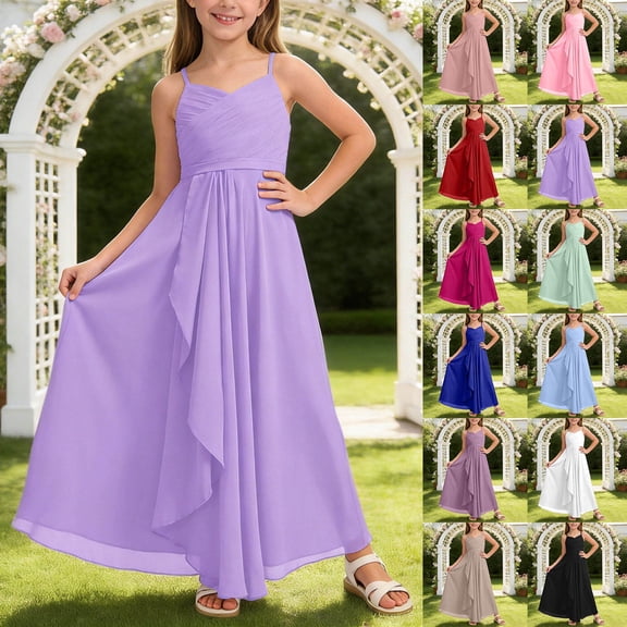 RTKFRFLM Girls Solid Color Chiffon Maxi Dress Kids Sleeveless A-Line Cami Gown for Bridesmaid and Flower Girl Flowy Formal Wedding Party Dress Special Occasion Wear for Ages 1-14 Years