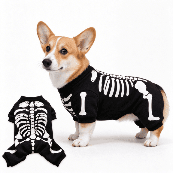 Skeleton Bones Pet Costume, 4-Legged Full Coverage Dog Jumpsuit Onesie, Classic Halloween Cosplay Dress Up Outfit for Puppy, Small Dog and Cat