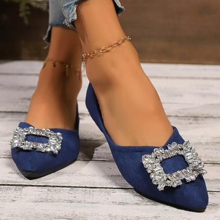 Women s Comfortable Flat Shoes - Round Toe Classic Cute Bow Metal Buckle Slip on Ballet Flats Blue 8.5