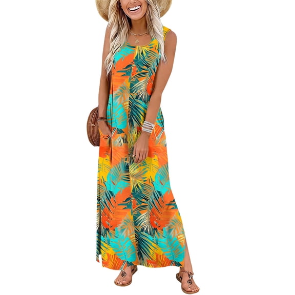 Xdegoge Maxi Dresses for Women Flowy Fit Crewneck Long Dresses Sleeveless Vacation Dress Tropical Leaf Print High Slit Side Pockets Summer Beach