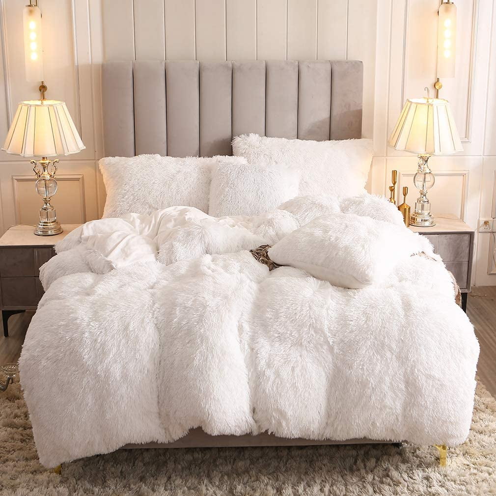 Ultra Soft Warm and Durable Uhamho Faux Fur Velvet Fluffy Bedding Duvet Cover Set Down Comforter Quilt Cover with Pillow Shams Cream, Queen