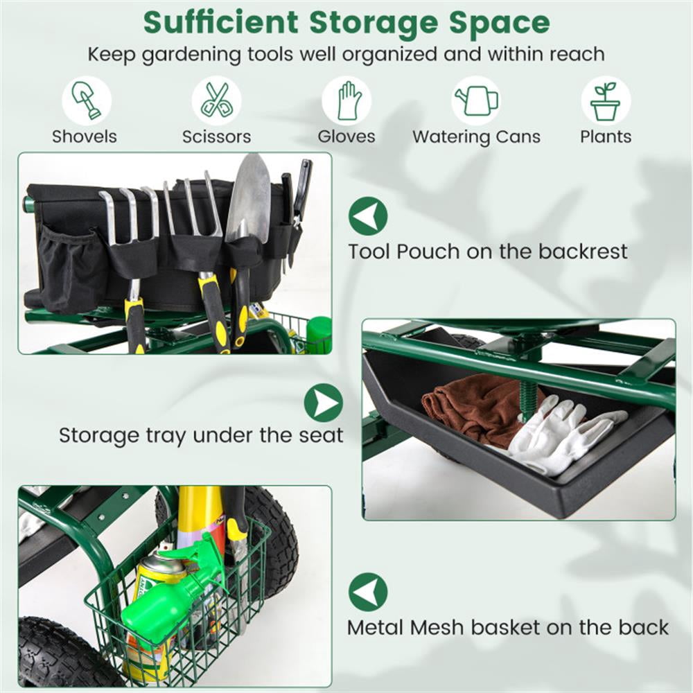 Resenkos Garden Utility Wagon Cart, Farm Wagon Cart,Cushioned Rolling Garden Cart Scooter with Storage Basket and Tool Pouch-Green