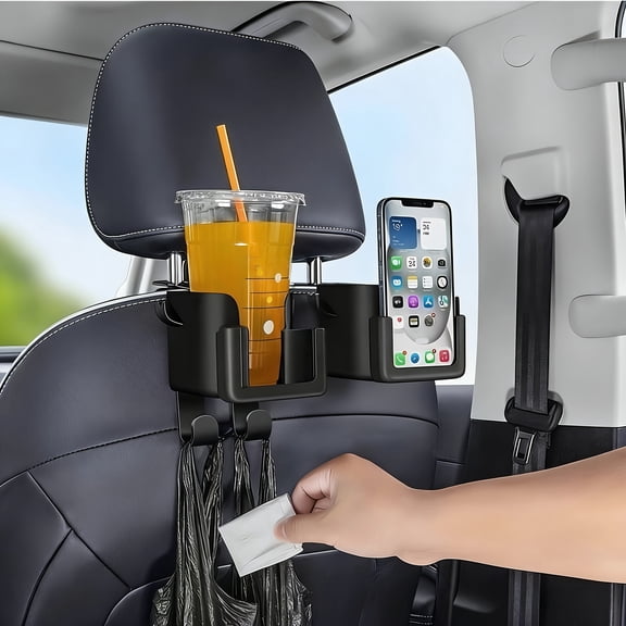 2 Pcs Multifunctional Car Seat Back Organizer with Cup Holder, Phone Holder & Hooks, Universal Fit for Most Vehicles, Holds Water Bottles, Drink Bags, Garbage Bags & Glasses, Space-Saving Durable Car
